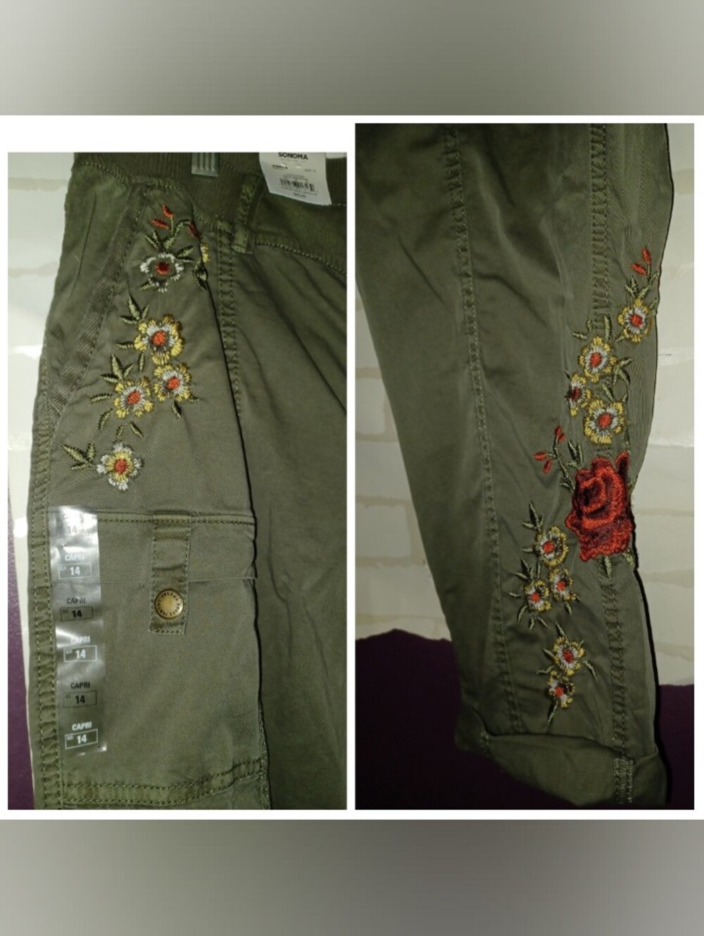 NWT New Gorgeous Sonoma Size 14 Olive Capris With Embroidered Floral Design - Picture 2 of 10